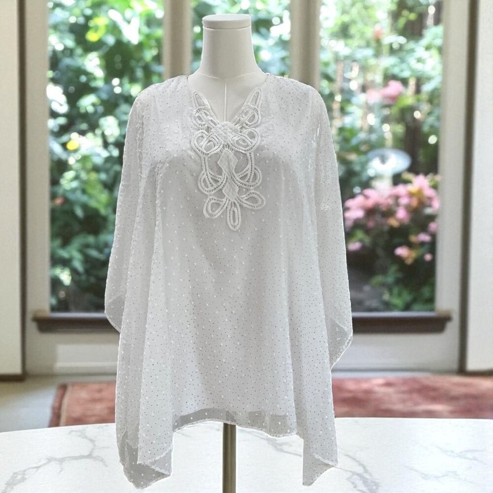 Peck And Peck White Gold Cold Shoulder Tunic L Resort Boho Coquette Sheer Dainty